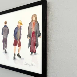 Original akvarel - Mennesker der g�r og st�r - indrammet A4