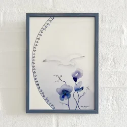 Original akvarel - Bl� blomster - A4 inkl h�ndmalet ramme med artglas