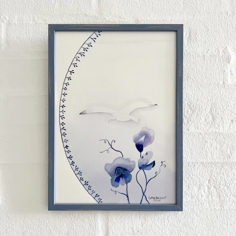 Original akvarel - Bl� blomster - A4 inkl h�ndmalet ramme med artglas