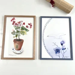 Original akvarel - Bl� blomster - A4 inkl h�ndmalet ramme med artglas