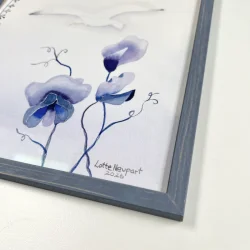 Original akvarel - Bl� blomster - A4 inkl h�ndmalet ramme med artglas